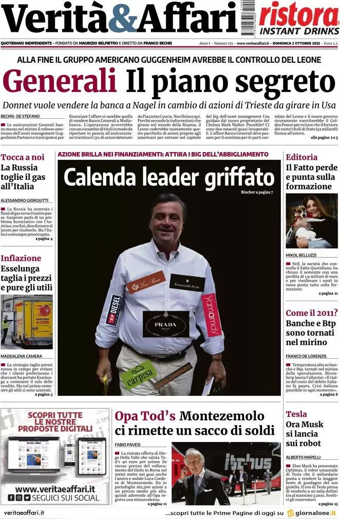 Prime pagine giornali economici 2 ottobre. Bonus edilizi e il piano Generali