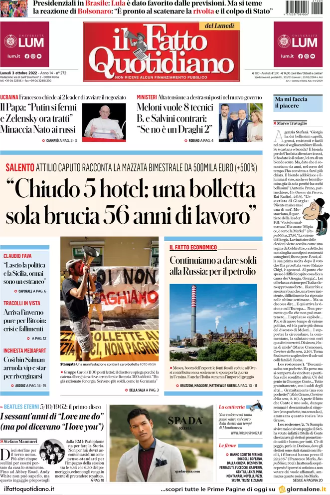 Prime pagine giornali 3 ottobre 2022. Caro bollette, fuga dal lavoro da casa