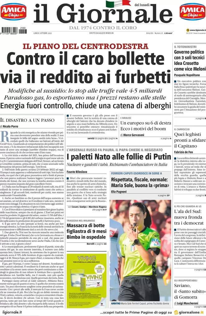 Prime pagine giornali 3 ottobre 2022. Caro bollette, fuga dal lavoro da casa