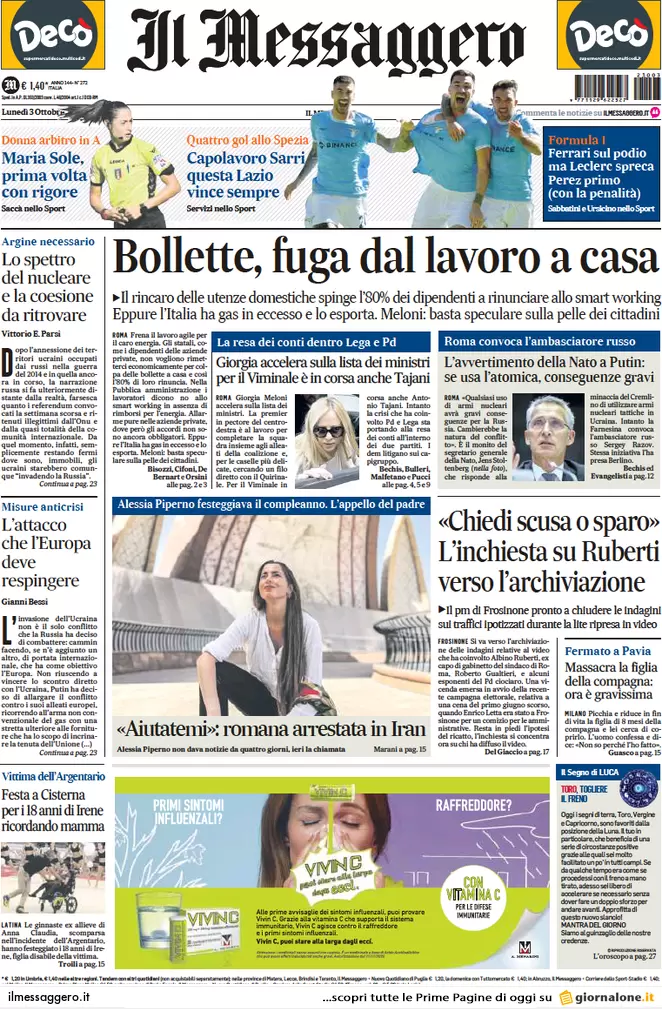 Prime pagine giornali 3 ottobre 2022. Caro bollette, fuga dal lavoro da casa
