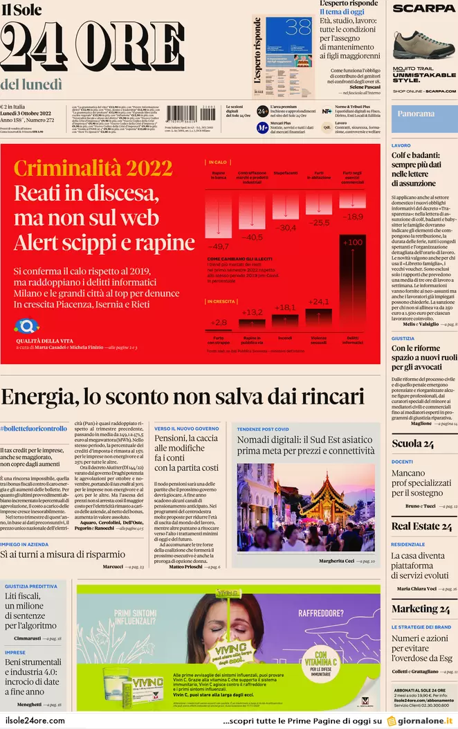 Prime pagine giornali 3 ottobre 2022. Caro bollette, fuga dal lavoro da casa