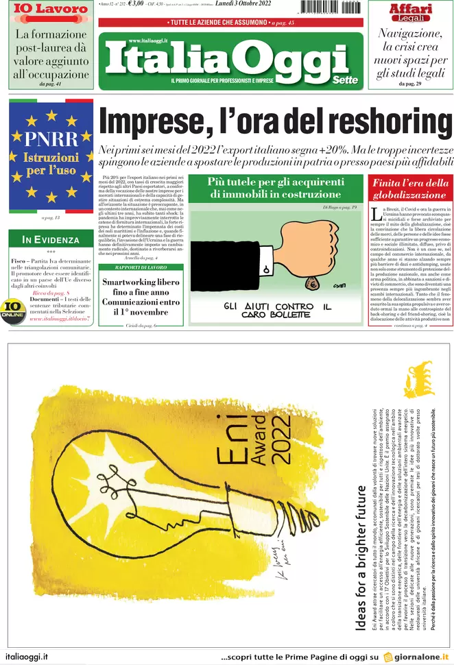 Prime pagine giornali economici 3 ottobre. Crisi gas, tax credit insufficiente