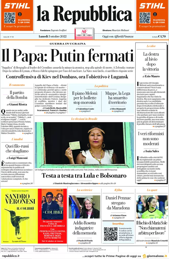 Prime pagine giornali 3 ottobre 2022. Caro bollette, fuga dal lavoro da casa