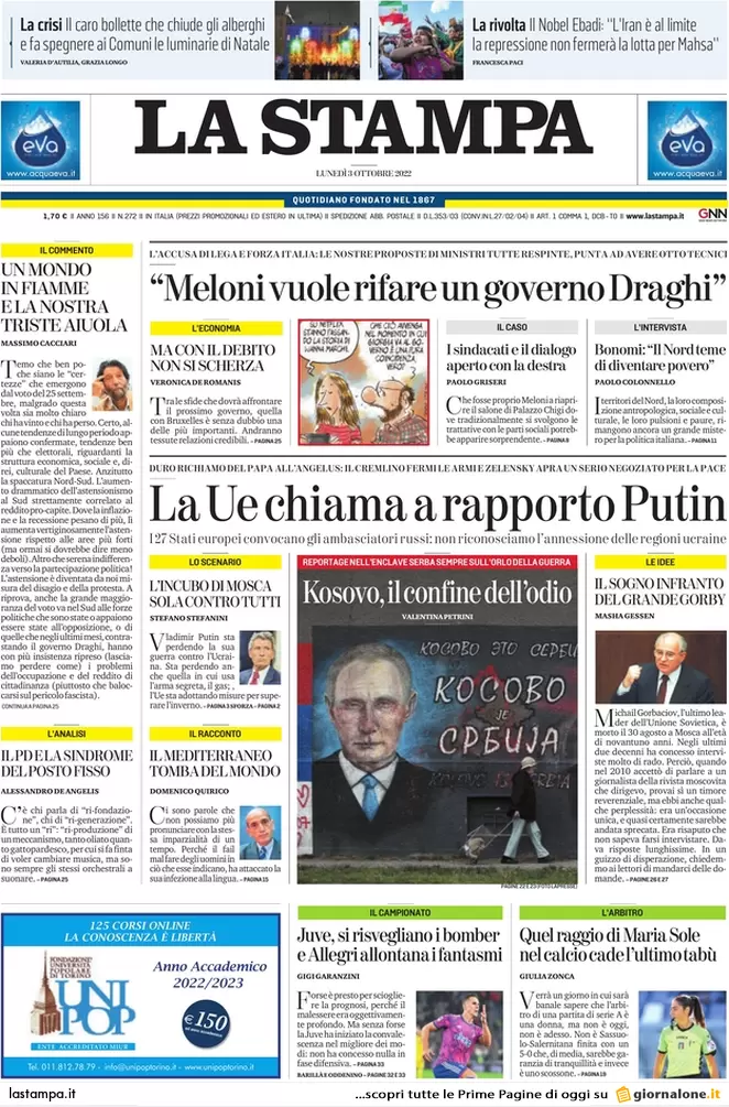Prime pagine giornali 3 ottobre 2022. Caro bollette, fuga dal lavoro da casa