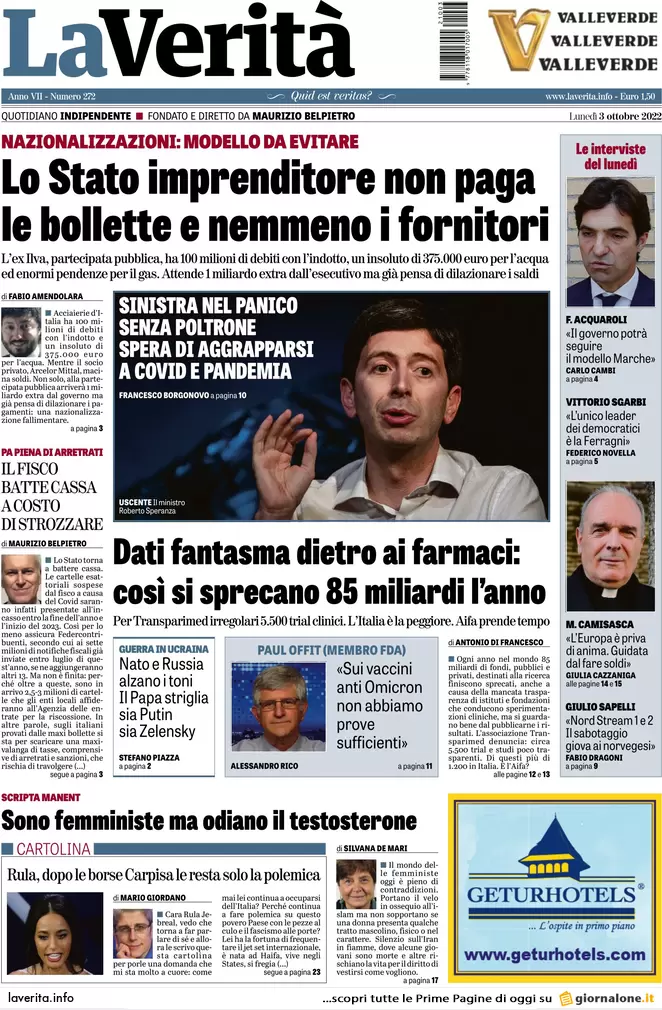 Prime pagine giornali 3 ottobre 2022. Caro bollette, fuga dal lavoro da casa