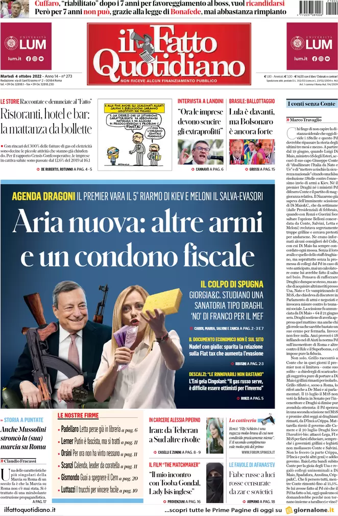 Prime pagine giornali 4 ottobre 2022. Draghi vara il quinto riarmo di Kiev