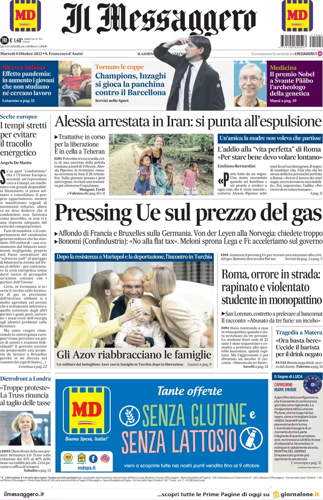 Prime pagine giornali 4 ottobre 2022. Draghi vara il quinto riarmo di Kiev