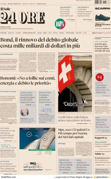 Prime pagine giornali economici 4 ottobre. Credit Suisse, attacco speculativo