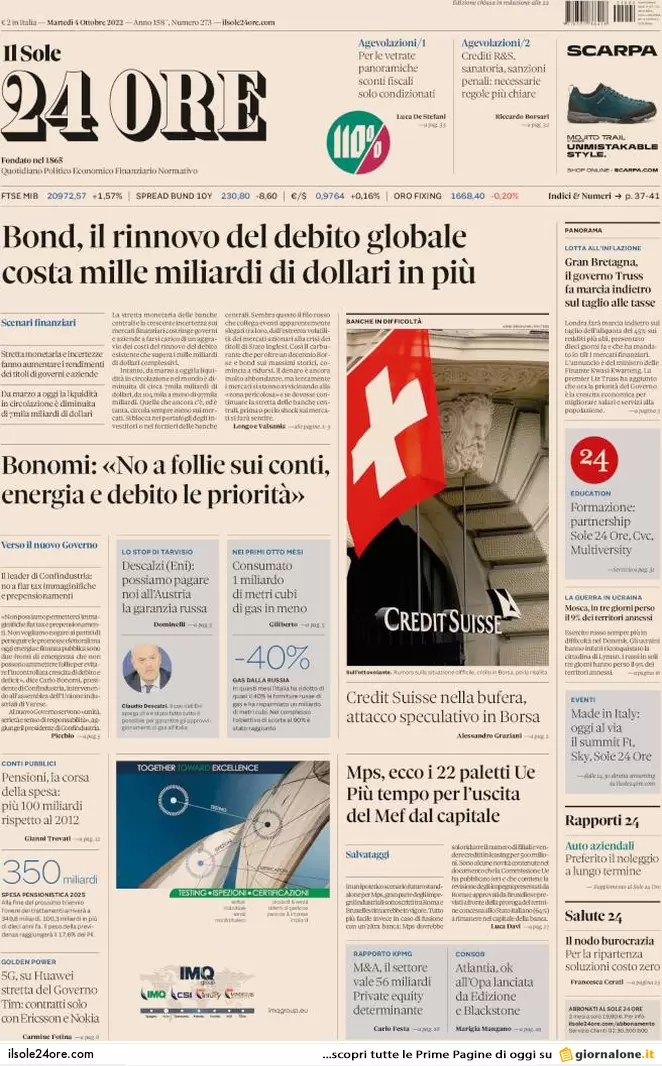 Prime pagine giornali economici 4 ottobre. Credit Suisse, attacco speculativo Prime pagine giornali economici 4 ottobre. Credit Suisse, attacco speculativo