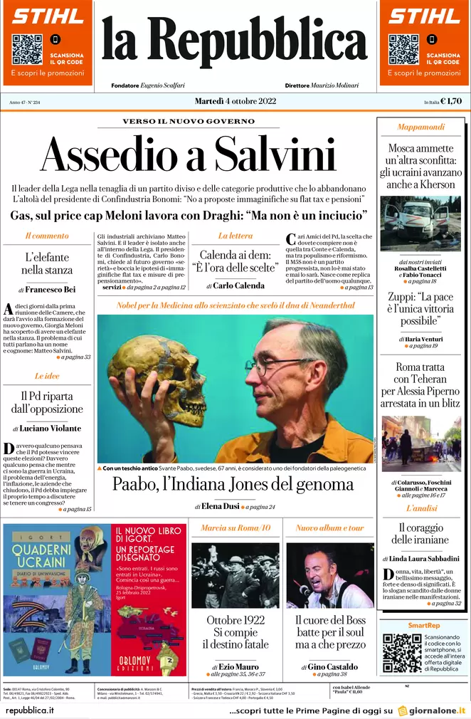 Prime pagine giornali 4 ottobre 2022. Draghi vara il quinto riarmo di Kiev