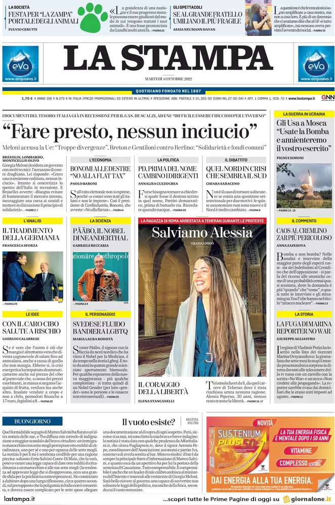 Prime pagine giornali 4 ottobre 2022. Draghi vara il quinto riarmo di Kiev