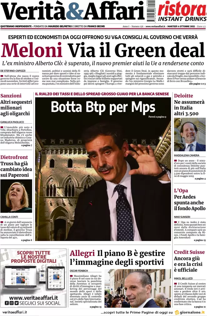 Prime pagine giornali economici 4 ottobre. Credit Suisse, attacco speculativo