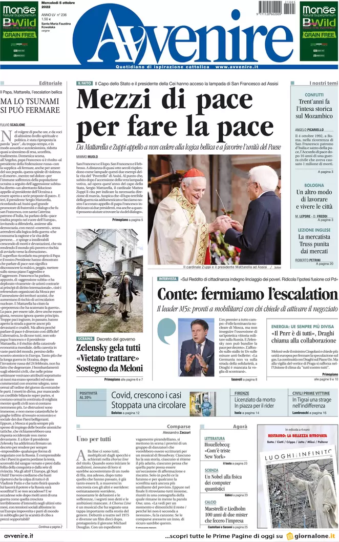 Prime pagine giornali 5 ottobre 2022. Crisi, Germania blocca 20mld di aiuti Ue