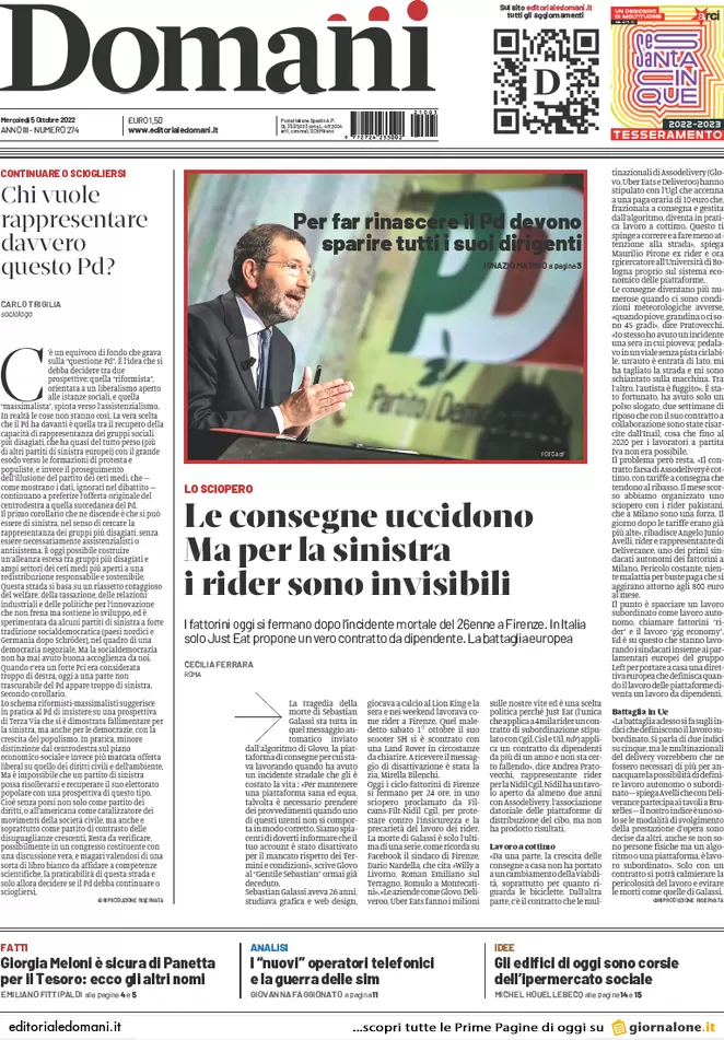 Prime pagine giornali 5 ottobre 2022. Crisi, Germania blocca 20mld di aiuti Ue