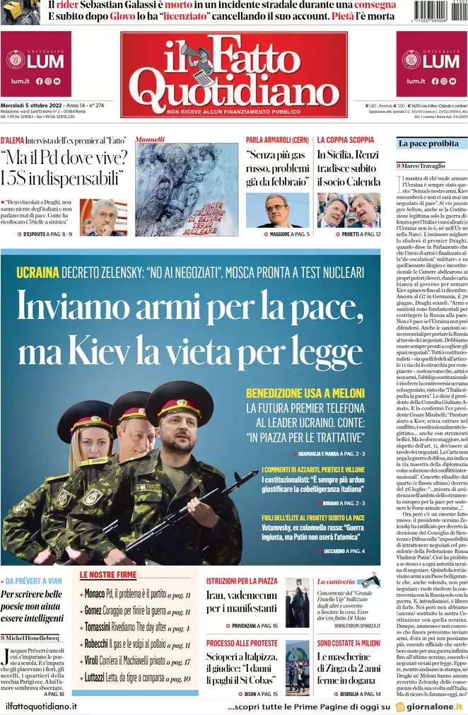 Prime pagine giornali 5 ottobre 2022. Crisi, Germania blocca 20mld di aiuti Ue