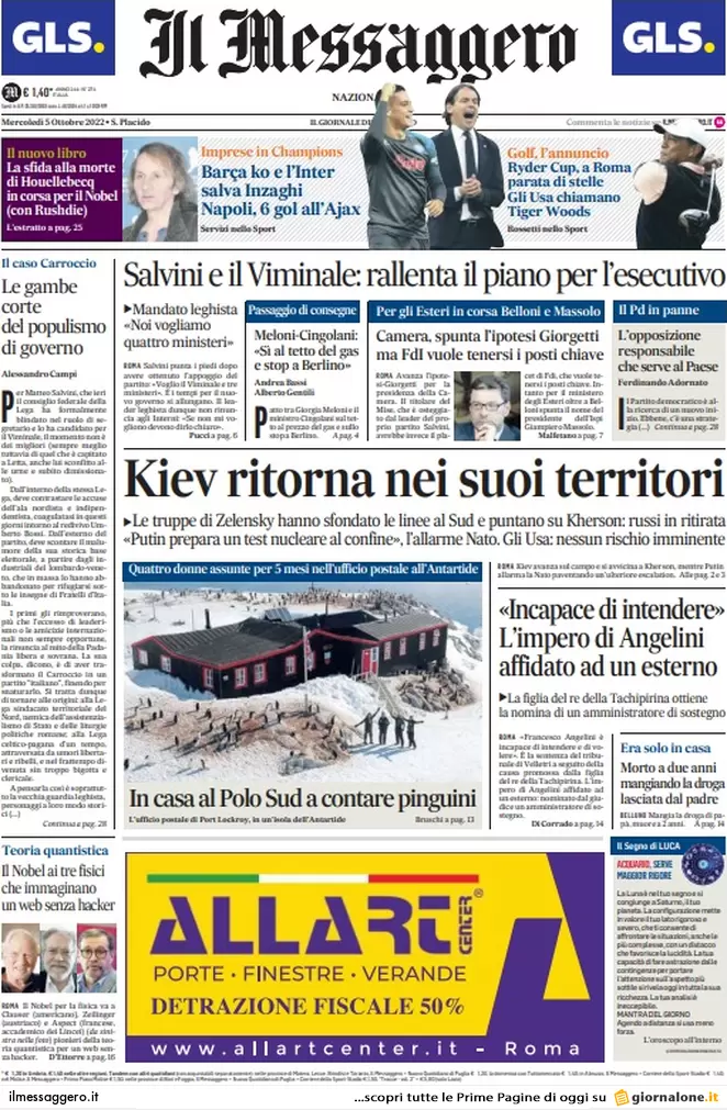 Prime pagine giornali 5 ottobre 2022. Crisi, Germania blocca 20mld di aiuti Ue