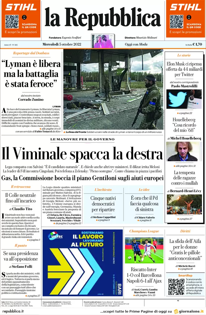 Prime pagine giornali 5 ottobre 2022. Crisi, Germania blocca 20mld di aiuti Ue