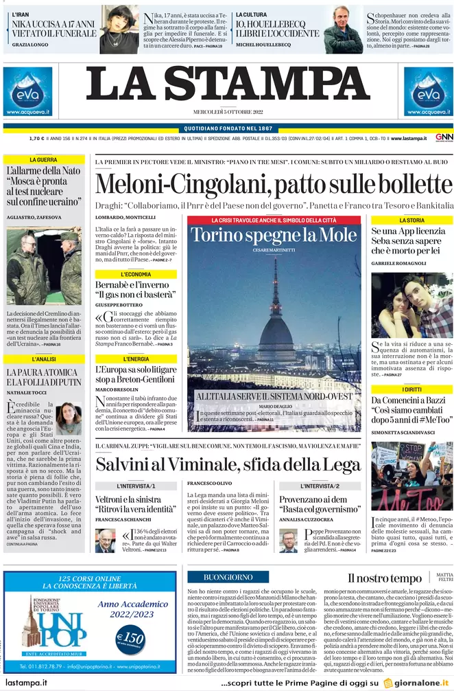 Prime pagine giornali 5 ottobre 2022. Crisi, Germania blocca 20mld di aiuti Ue