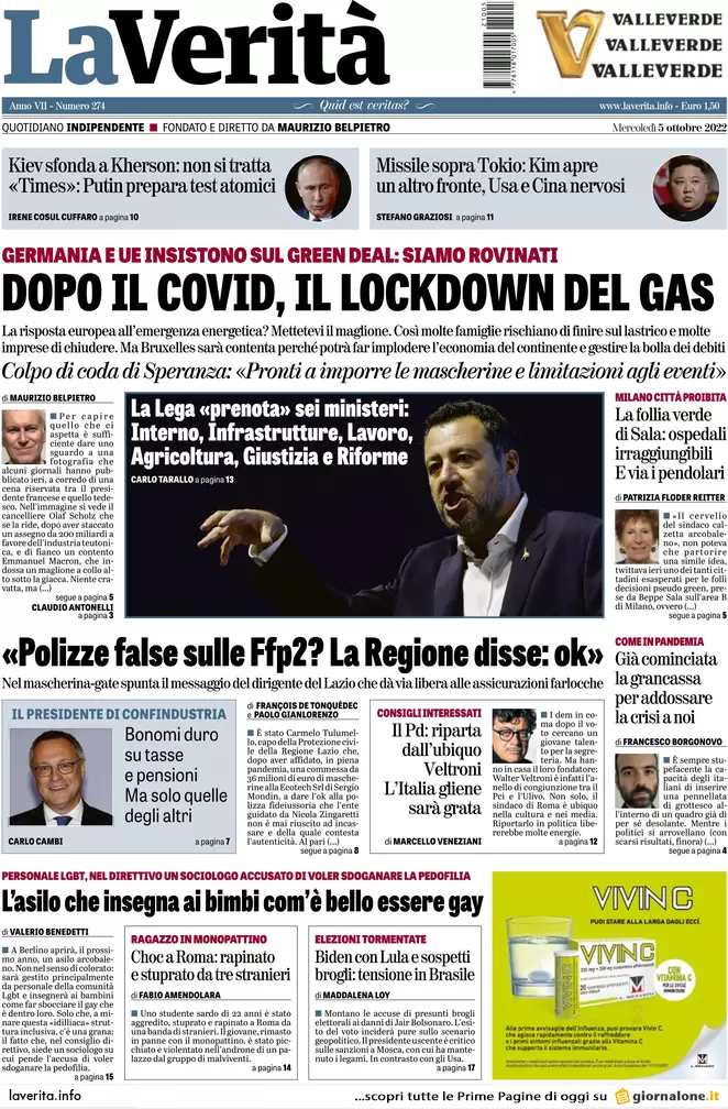 Prime pagine giornali 5 ottobre 2022. Crisi, Germania blocca 20mld di aiuti Ue
