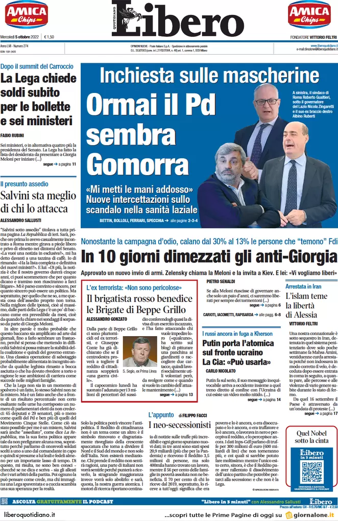 Prime pagine giornali 5 ottobre 2022. Crisi, Germania blocca 20mld di aiuti Ue