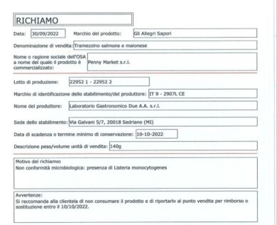 Allarme Listeria, dopo i wurstel richiamati tramezzini al salmone e maionese