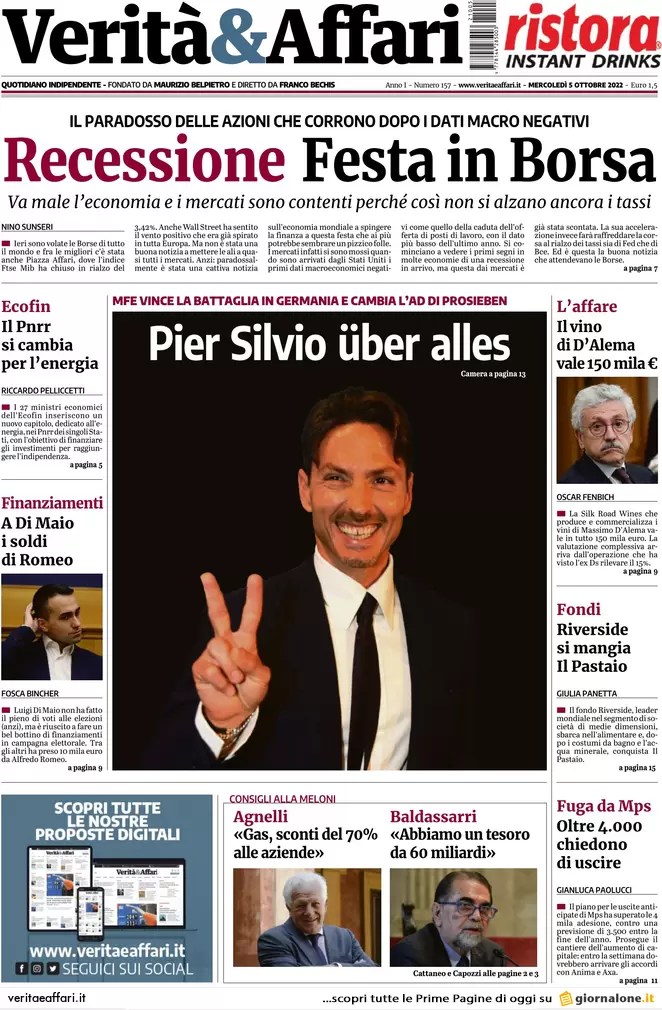 Prime pagine giornali economici 5 ottobre. Borsa, parte il rally da recessione Prime pagine giornali economici 5 ottobre. Borsa, parte il rally da recessione