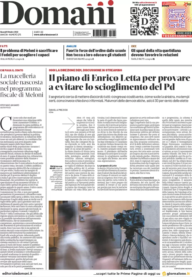 Prime pagine giornali 6 ottobre 2022. Usa: “Figlia di Dugin uccisa da ucraini”