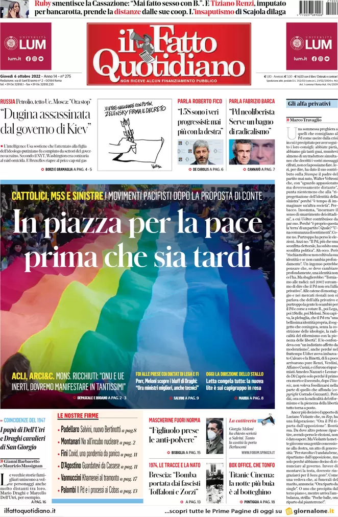 Prime pagine giornali 6 ottobre 2022. Usa: “Figlia di Dugin uccisa da ucraini”