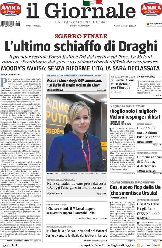 Prime pagine giornali 6 ottobre 2022. Usa: “Figlia di Dugin uccisa da ucraini”