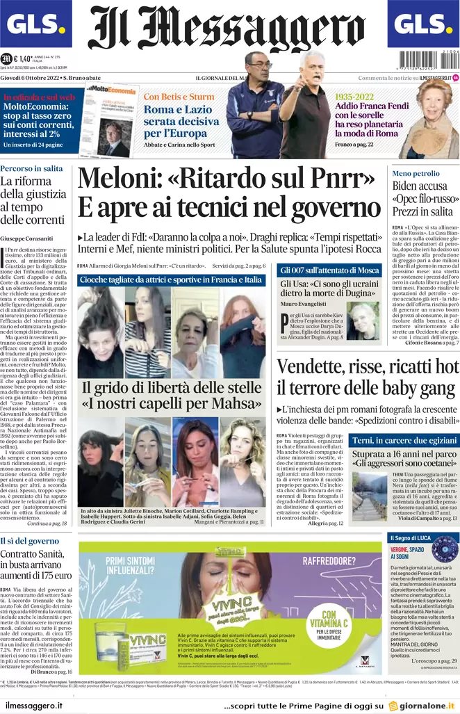 Prime pagine giornali 6 ottobre 2022. Usa: “Figlia di Dugin uccisa da ucraini”