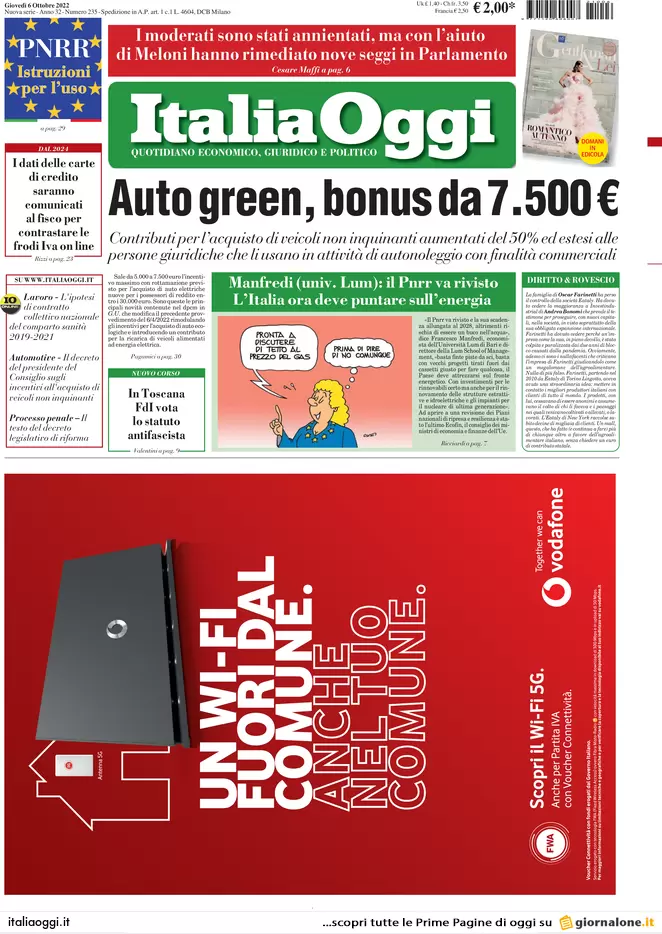 Prime pagine giornali economici 6 ottobre. Mille Comuni a rischio fallimento
