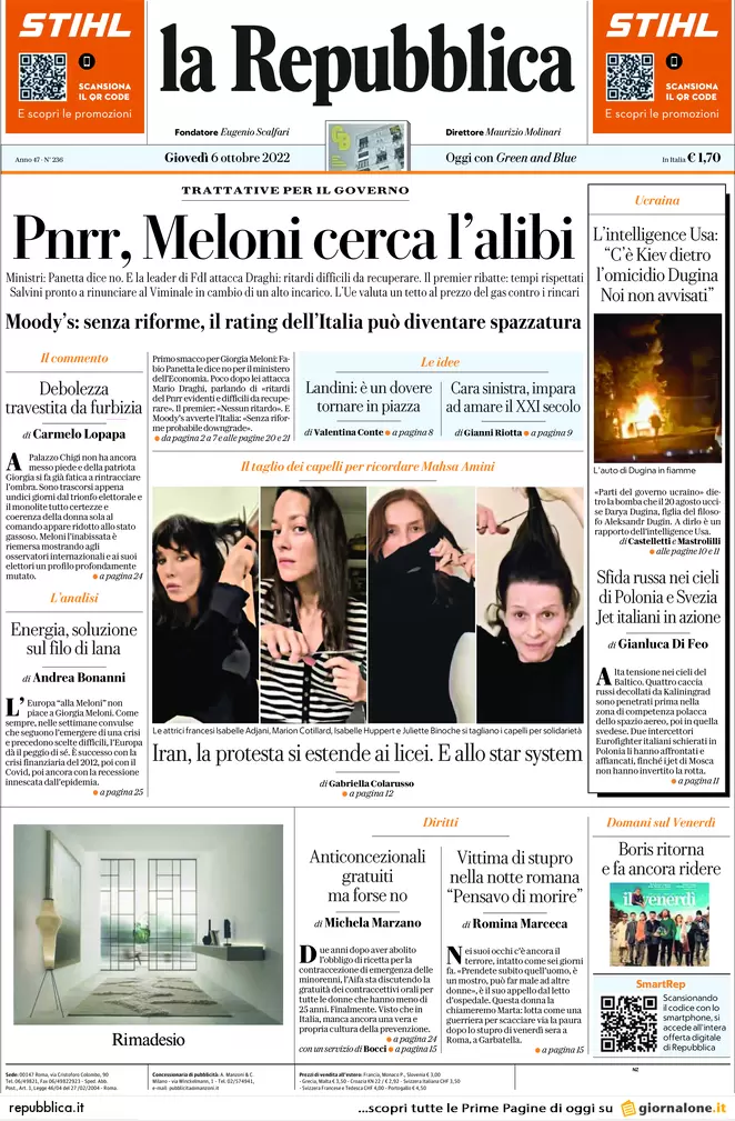 Prime pagine giornali 6 ottobre 2022. Usa: “Figlia di Dugin uccisa da ucraini”