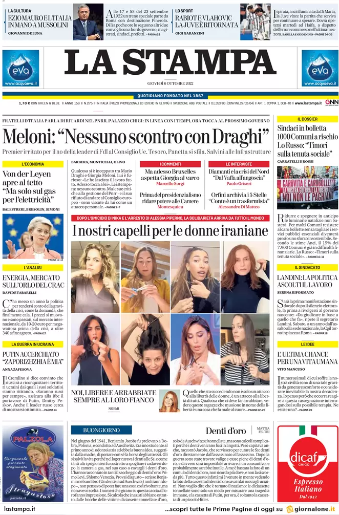 Prime pagine giornali 6 ottobre 2022. Usa: “Figlia di Dugin uccisa da ucraini”