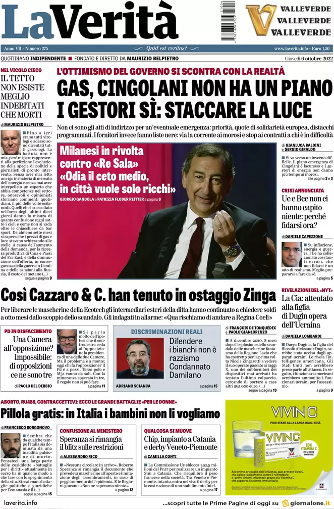 Prime pagine giornali 6 ottobre 2022. Usa: “Figlia di Dugin uccisa da ucraini”