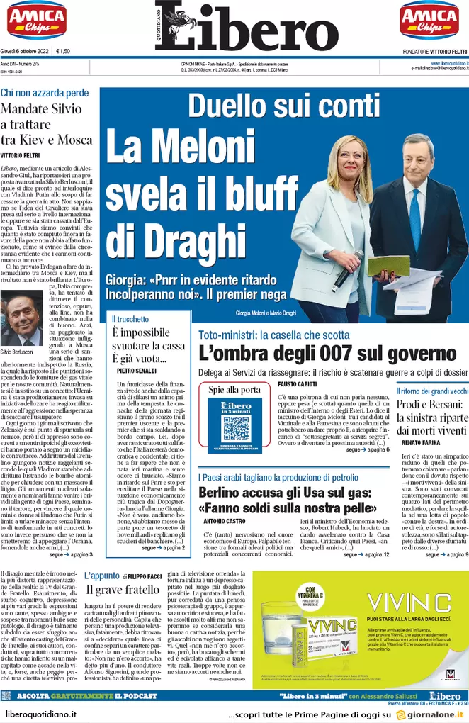 Prime pagine giornali 6 ottobre 2022. Usa: “Figlia di Dugin uccisa da ucraini”