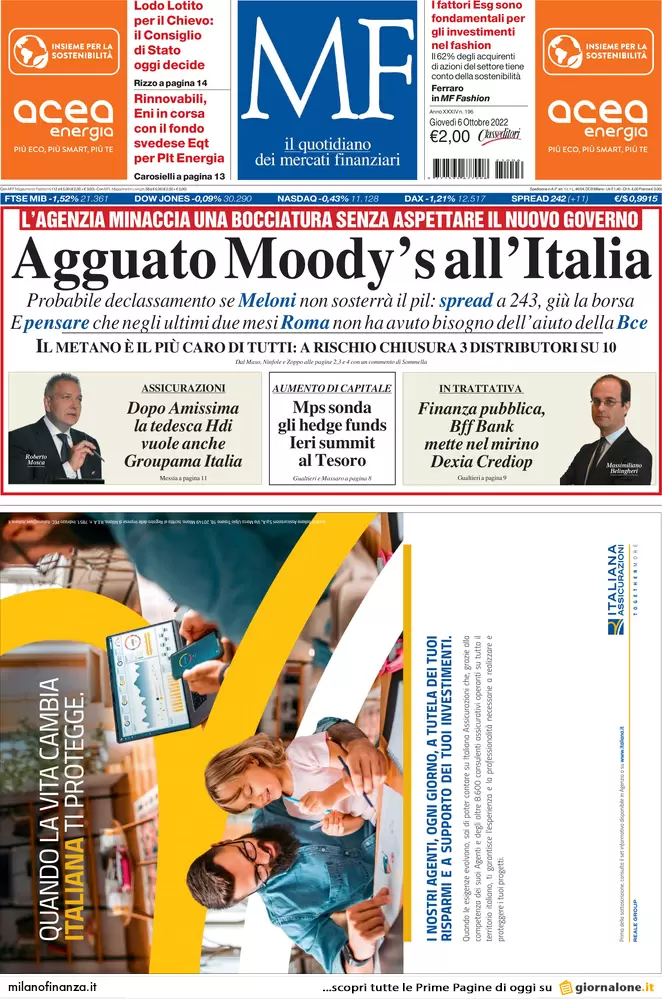 Prime pagine giornali economici 6 ottobre. Mille Comuni a rischio fallimento