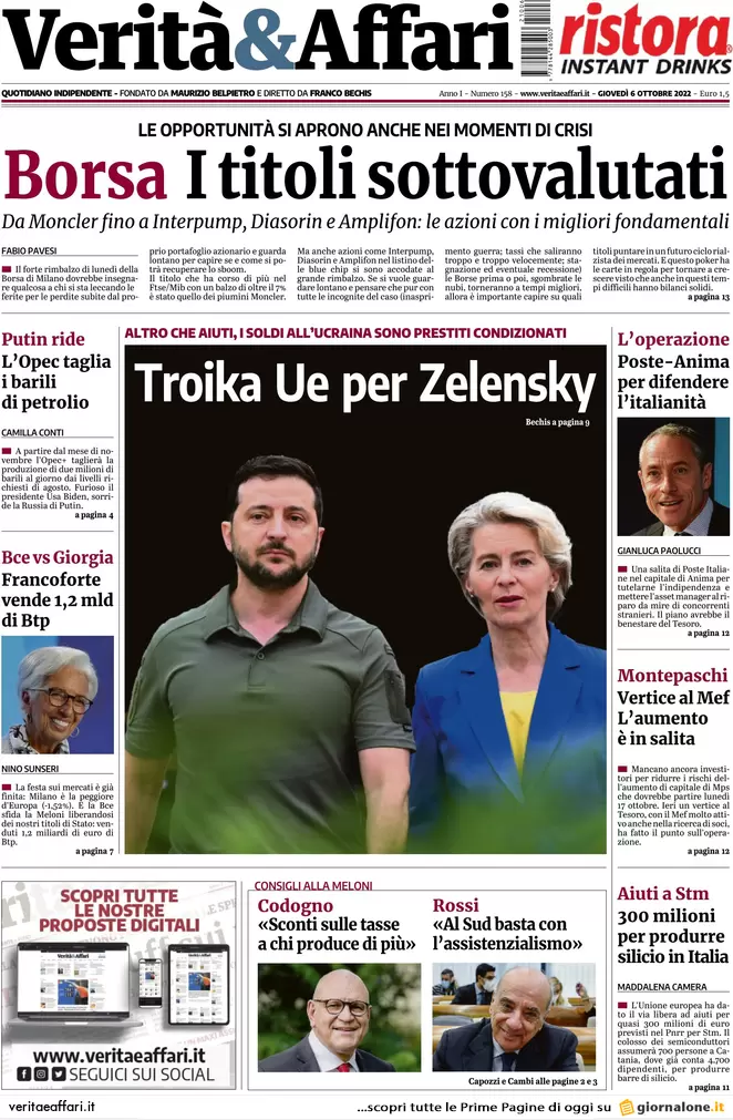 Prime pagine giornali economici 6 ottobre. Mille Comuni a rischio fallimento