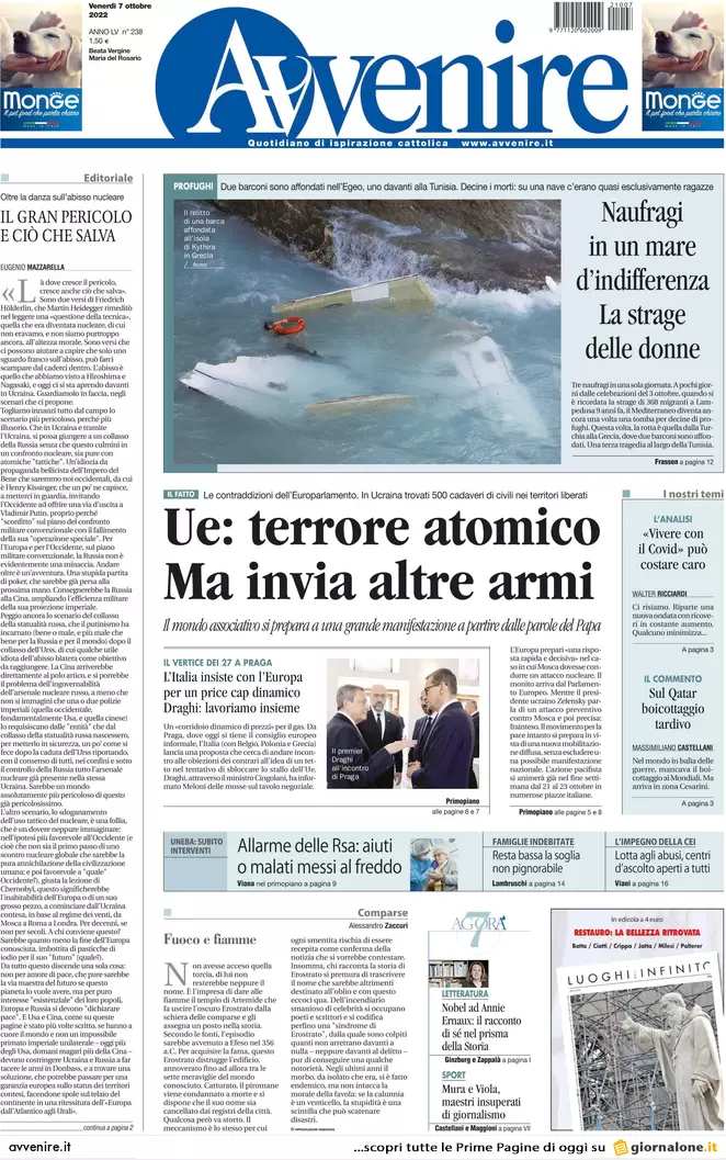 Prime pagine giornali 7 ottobre 2022. Gas, Italia contro il mini-piano europeo