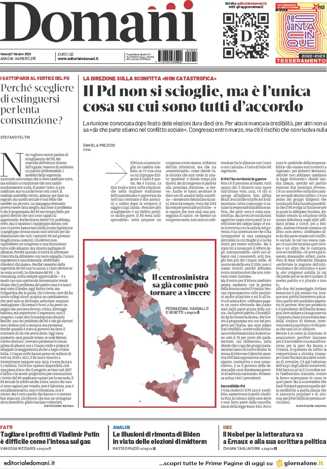 Prime pagine giornali 7 ottobre 2022. Gas, Italia contro il mini-piano europeo