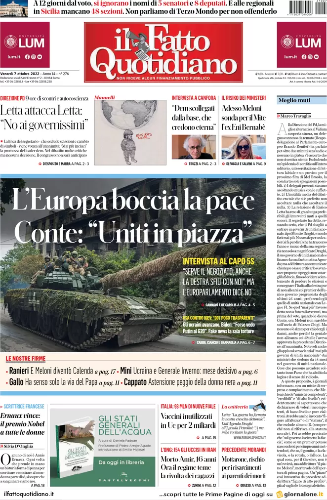 Prime pagine giornali 7 ottobre 2022. Gas, Italia contro il mini-piano europeo