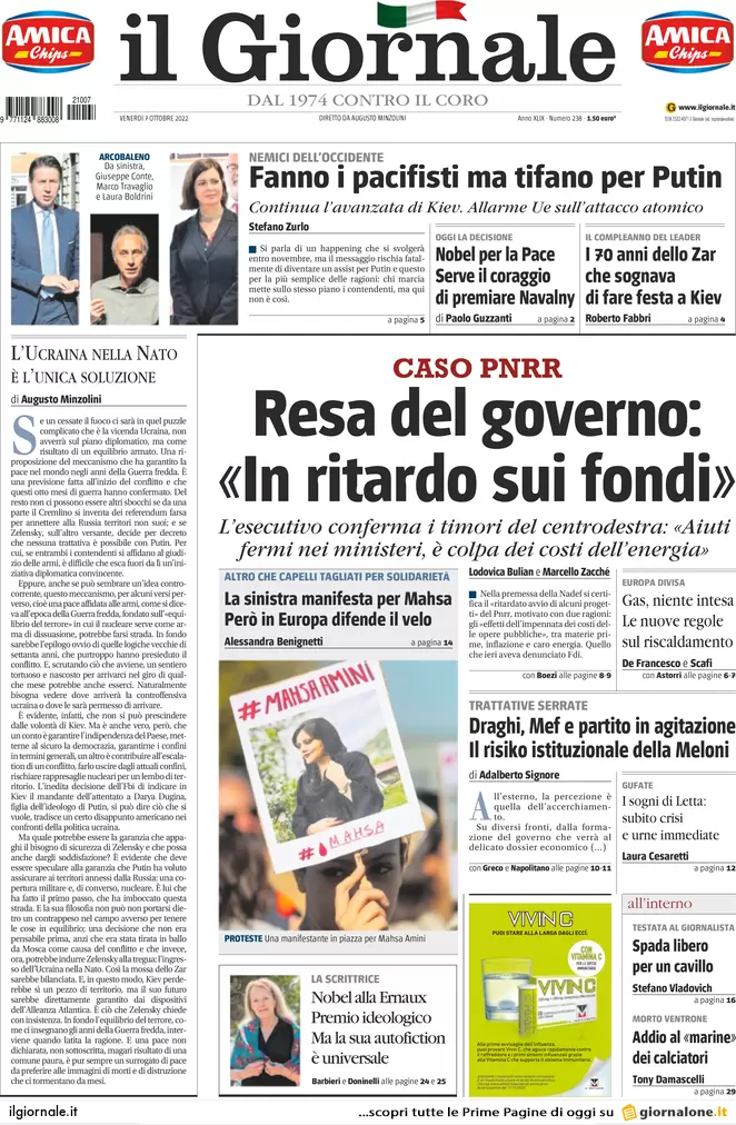 Prime pagine giornali 7 ottobre 2022. Gas, Italia contro il mini-piano europeo