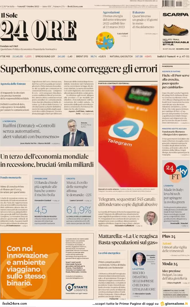 Prime pagine giornali economici 7 ottobre. Un terzo del mondo in recessione Prime pagine giornali economici 7 ottobre. Un terzo del mondo in recessione