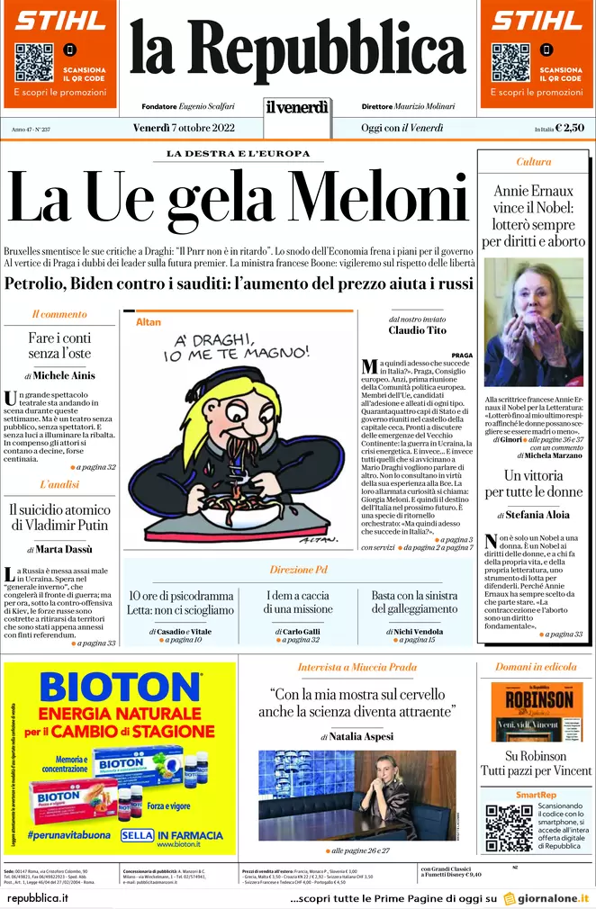 Prime pagine giornali 7 ottobre 2022. Gas, Italia contro il mini-piano europeo