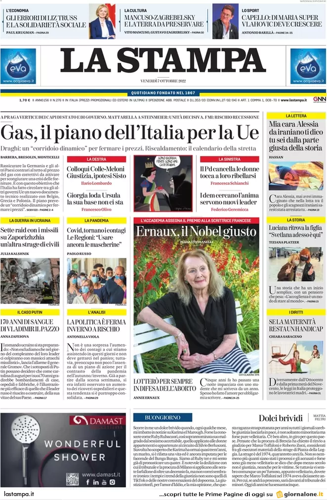 Prime pagine giornali 7 ottobre 2022. Gas, Italia contro il mini-piano europeo