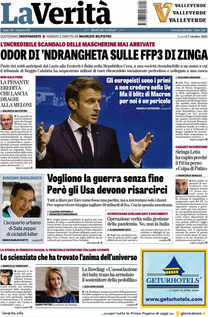 Prime pagine giornali 7 ottobre 2022. Gas, Italia contro il mini-piano europeo