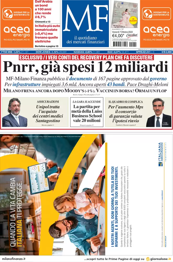 Prime pagine giornali economici 7 ottobre. Un terzo del mondo in recessione