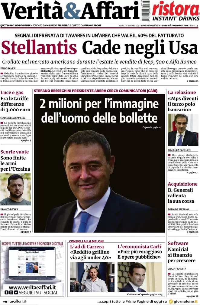 Prime pagine giornali economici 7 ottobre. Un terzo del mondo in recessione