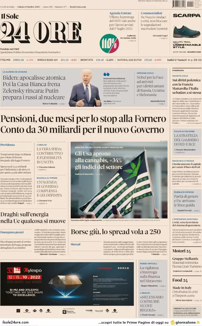 Prime pagine giornali 8 ottobre 2022. Lite Italia-Parigi. Kiev: Biden negozia?