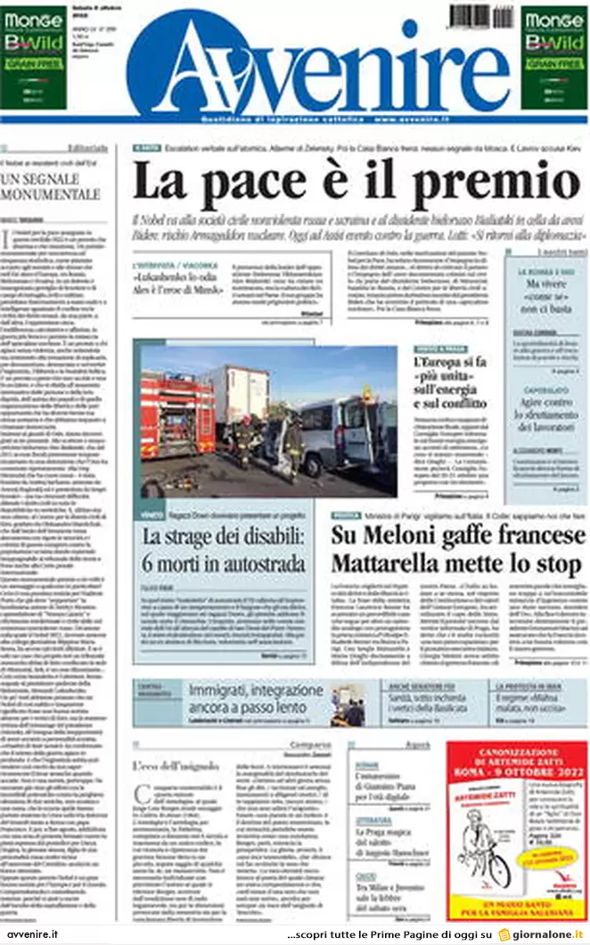 Prime pagine giornali 8 ottobre 2022. Lite Italia-Parigi. Kiev: Biden negozia?