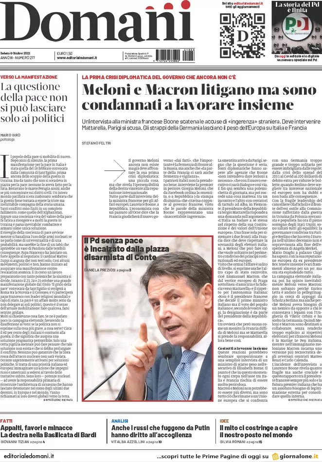 Prime pagine giornali 8 ottobre 2022. Lite Italia-Parigi. Kiev: Biden negozia?